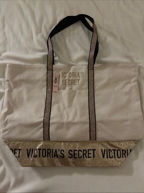 Victoria's Secret Cream Tote with Gold Glitter Trim